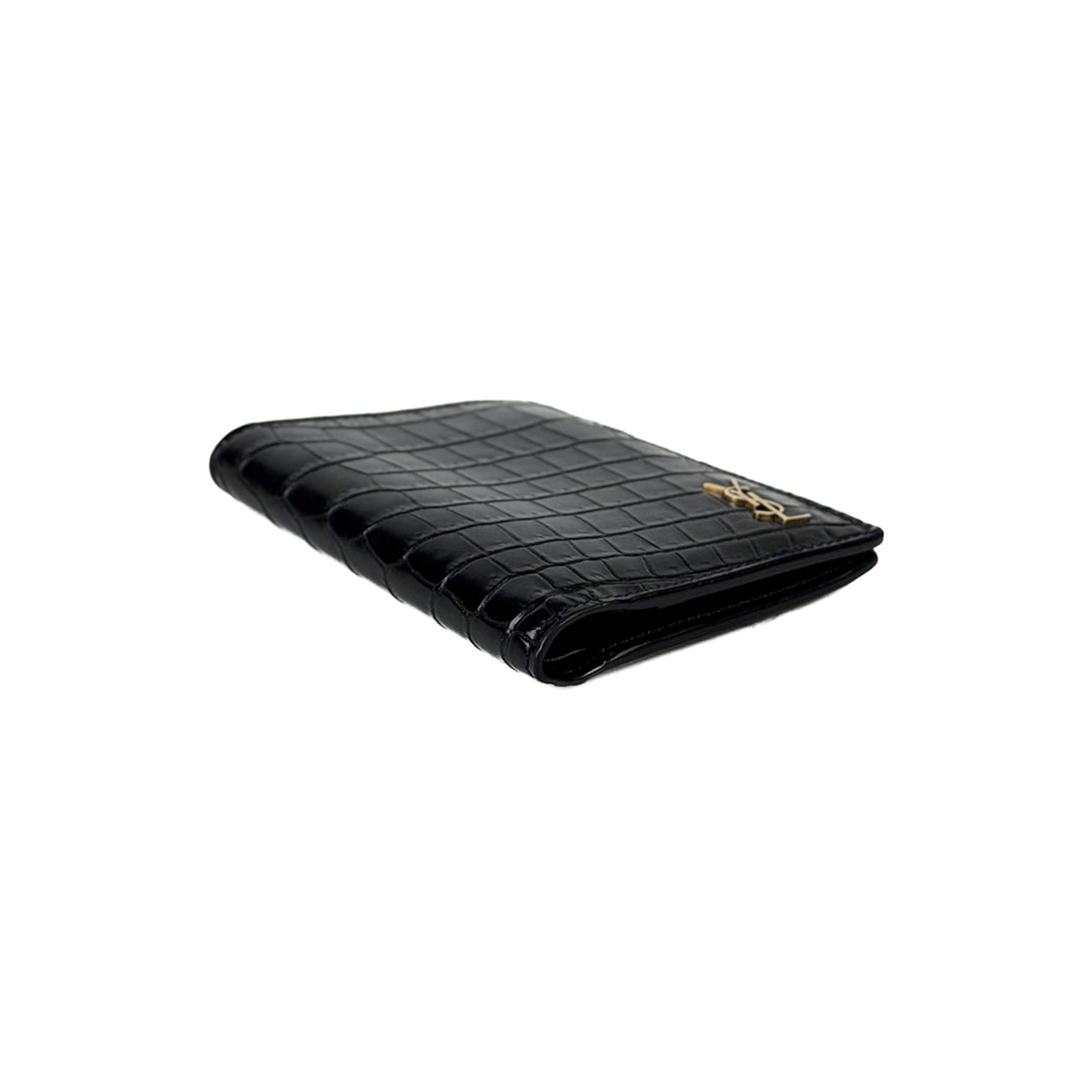 YSL Crocodile Embossed Calfskin Bi-Fold Wallet Black/Gold