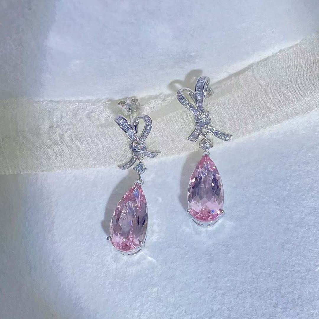 Morganite Diamond Bow Earrings D8.08ct d0.49ct. 18K Cherry Blossom Color