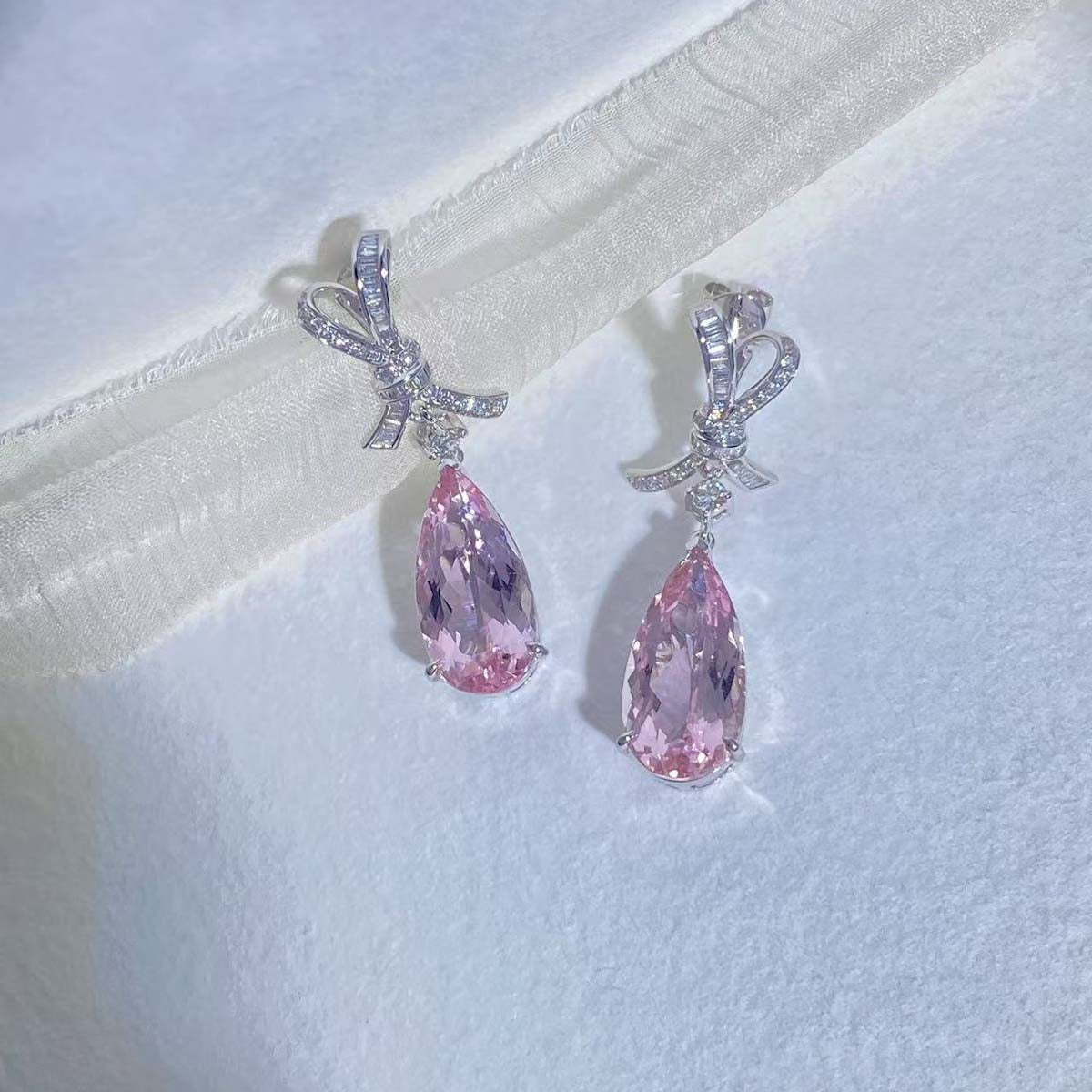 Morganite Diamond Bow Earrings D8.08ct d0.49ct. 18K Cherry Blossom Color
