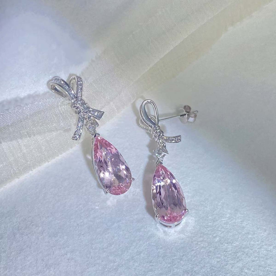 Morganite Diamond Bow Earrings D8.08ct d0.49ct. 18K Cherry Blossom Color