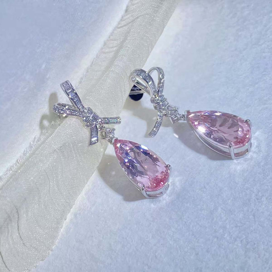 Morganite Diamond Bow Earrings D8.08ct d0.49ct. 18K Cherry Blossom Color
