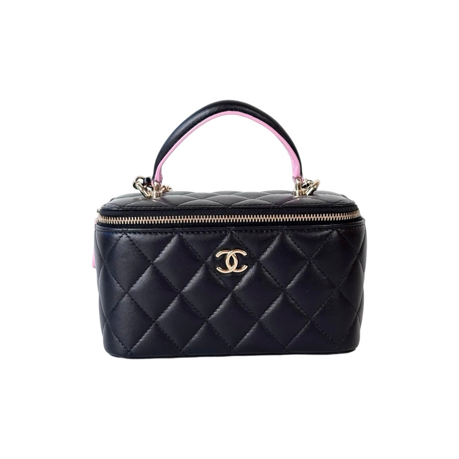 Chanel Vanity Box Bag Black Lambskin With Pink