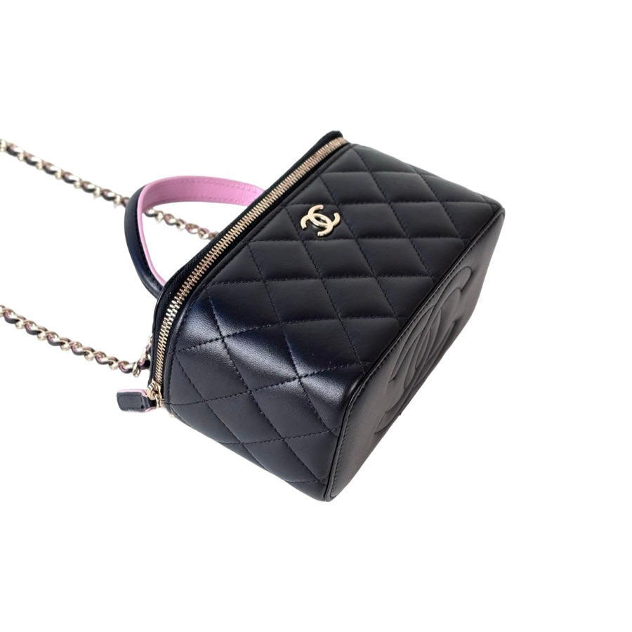 Chanel Vanity Box Bag Black Lambskin With Pink
