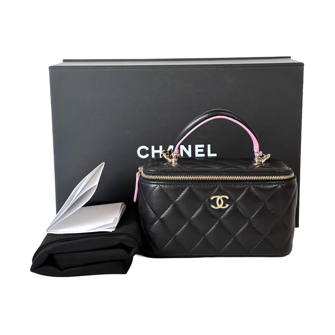 Chanel Vanity Box Bag Black Lambskin With Pink