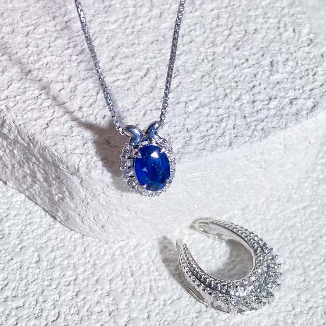 Natural Blue Sapphire Diamond Necklace  D1.48ct d0.52ct. Pt,Madagascar Royal Blue