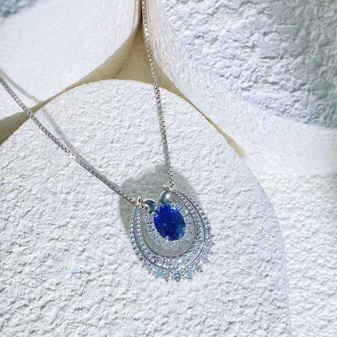 Natural Blue Sapphire Diamond Necklace  D1.48ct d0.52ct. Pt,Madagascar Royal Blue