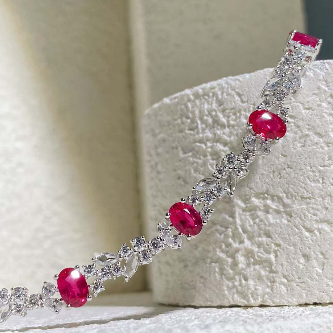 Burma Natural Pigeon Blood Ruby Tennis Diamond Bracelet D4.61ct d3.05ct 18K Gold