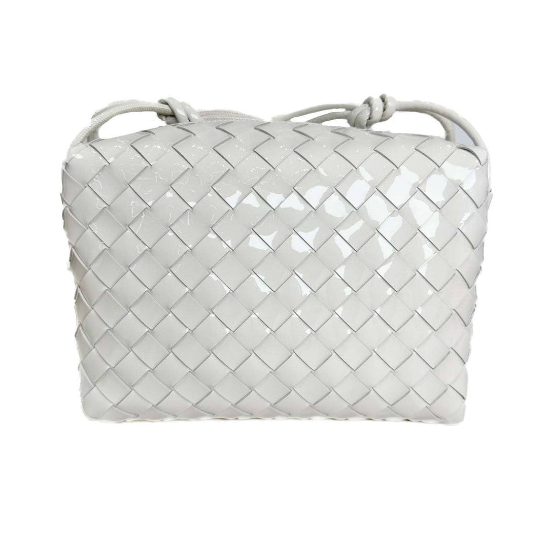 Bottega Veneta Medium Loop Camera Intercciato White Patent Leather Bag