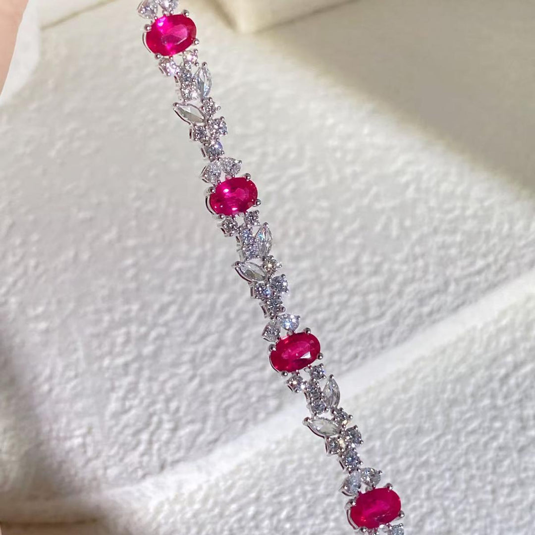 Burma Natural Pigeon Blood Ruby Tennis Diamond Bracelet D4.61ct d3.05ct 18K Gold