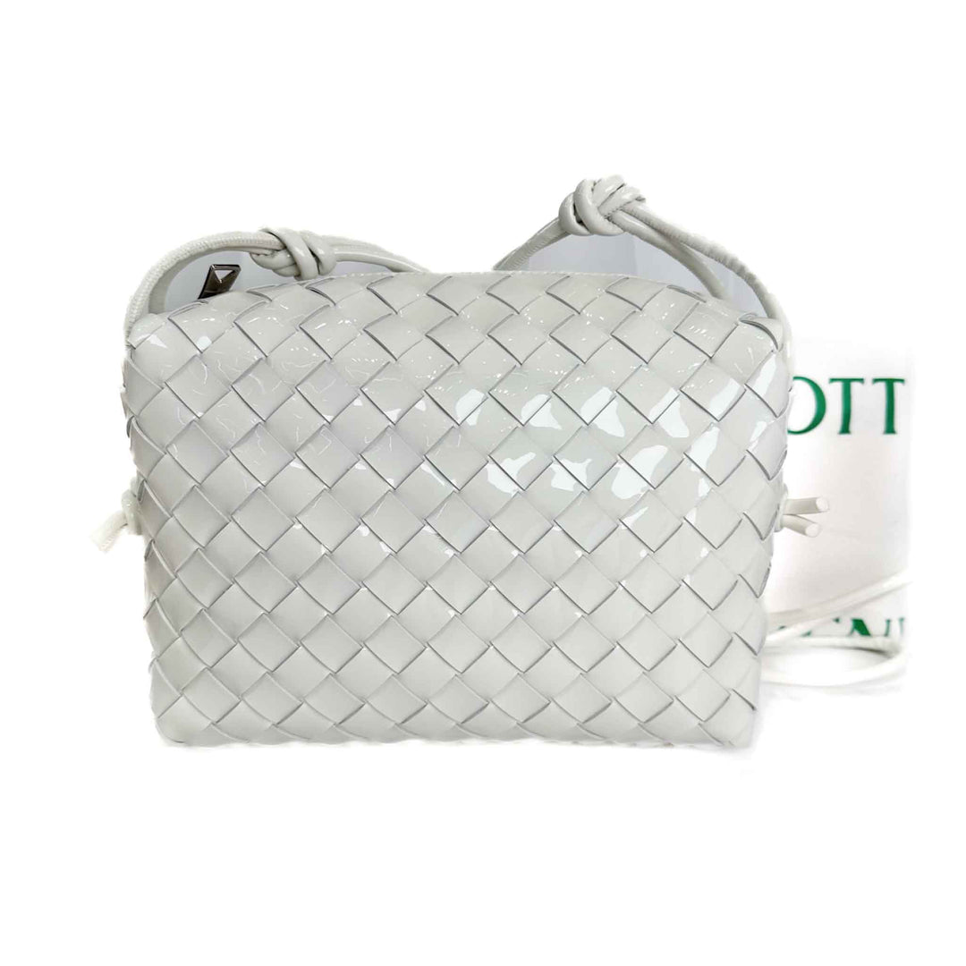 Bottega Veneta Medium Loop Camera Intercciato White Patent Leather Bag