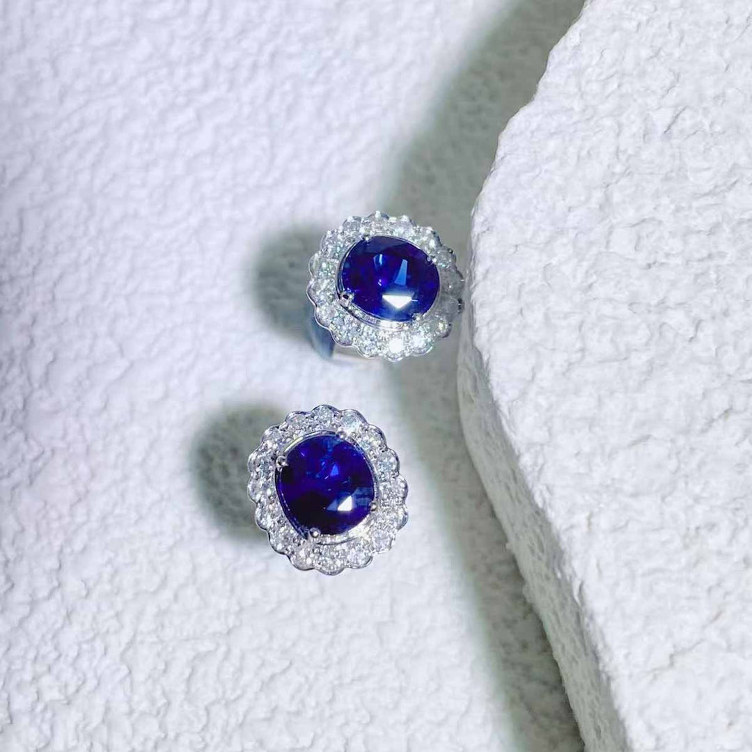 Natural Blue Sapphire Diamond Earrings D1.068ct+1.002ct d0.33ct. 18K Madagascar Royal Blue