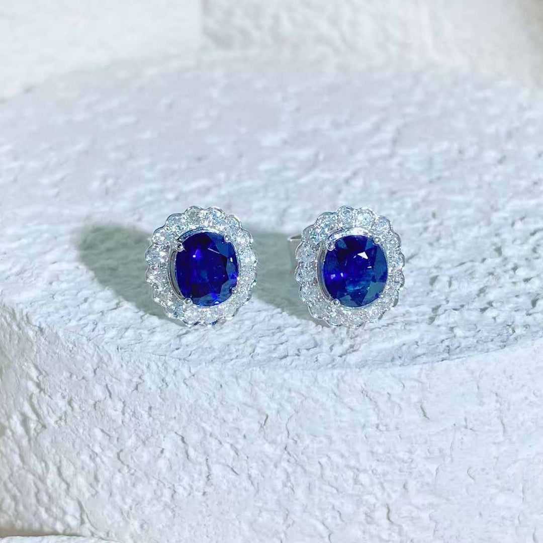 Natural Blue Sapphire Diamond Earrings D1.068ct+1.002ct d0.33ct. 18K Madagascar Royal Blue