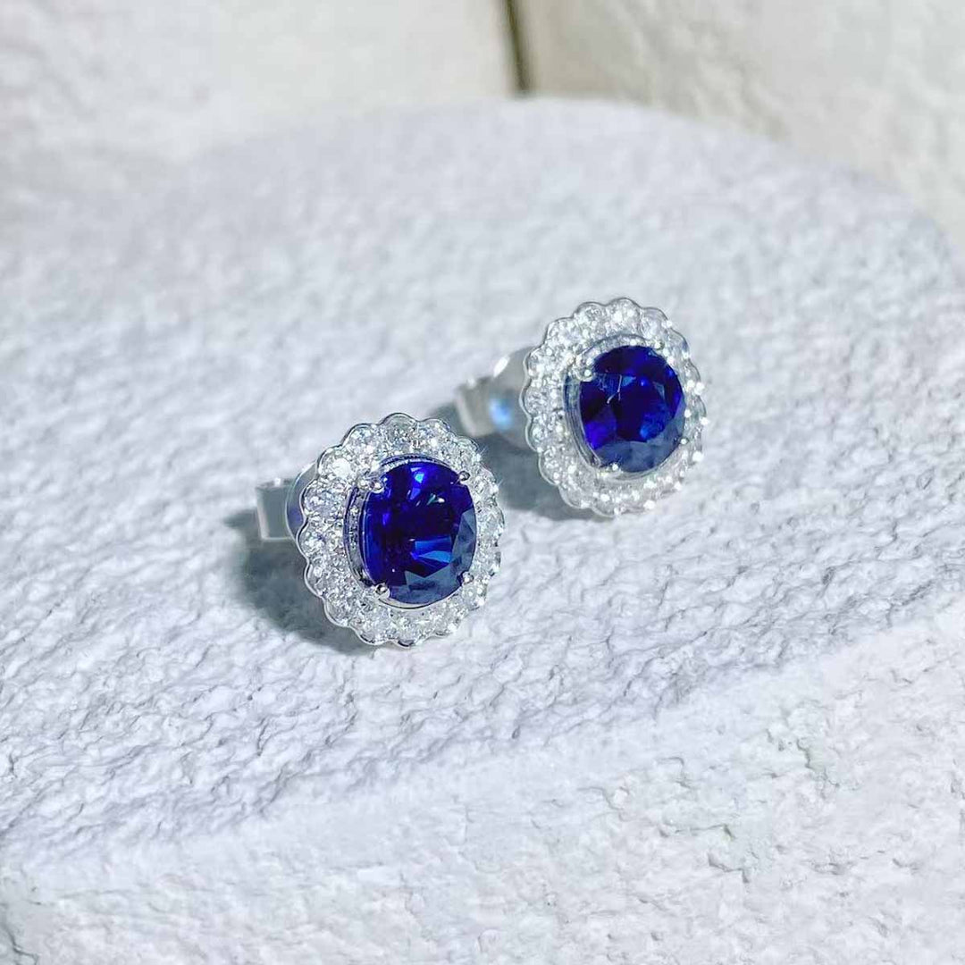 Natural Blue Sapphire Diamond Earrings D1.068ct+1.002ct d0.33ct. 18K Madagascar Royal Blue