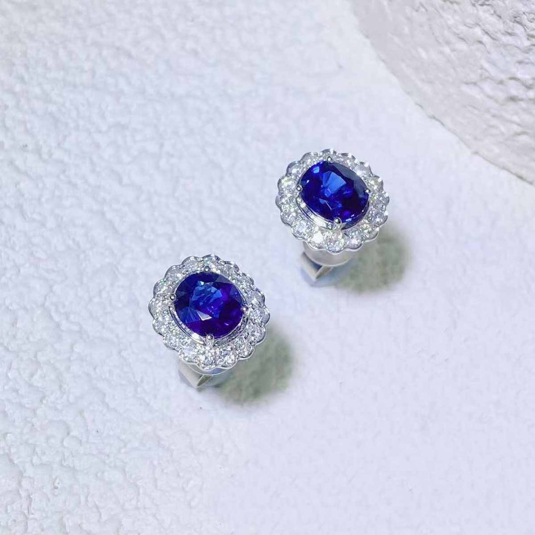 Natural Blue Sapphire Diamond Earrings D1.068ct+1.002ct d0.33ct. 18K Madagascar Royal Blue