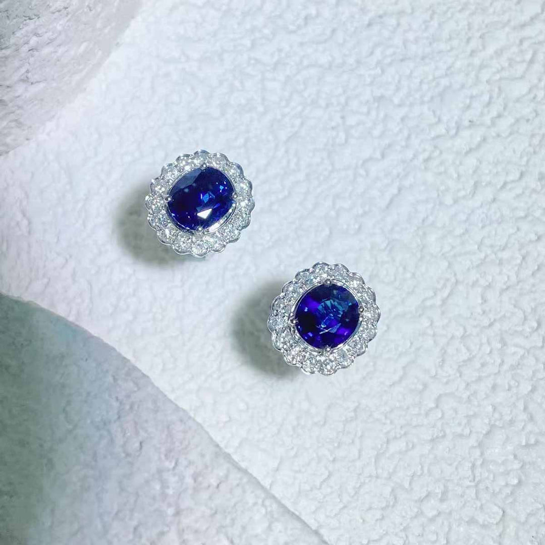 Natural Blue Sapphire Diamond Earrings D1.068ct+1.002ct d0.33ct. 18K Madagascar Royal Blue