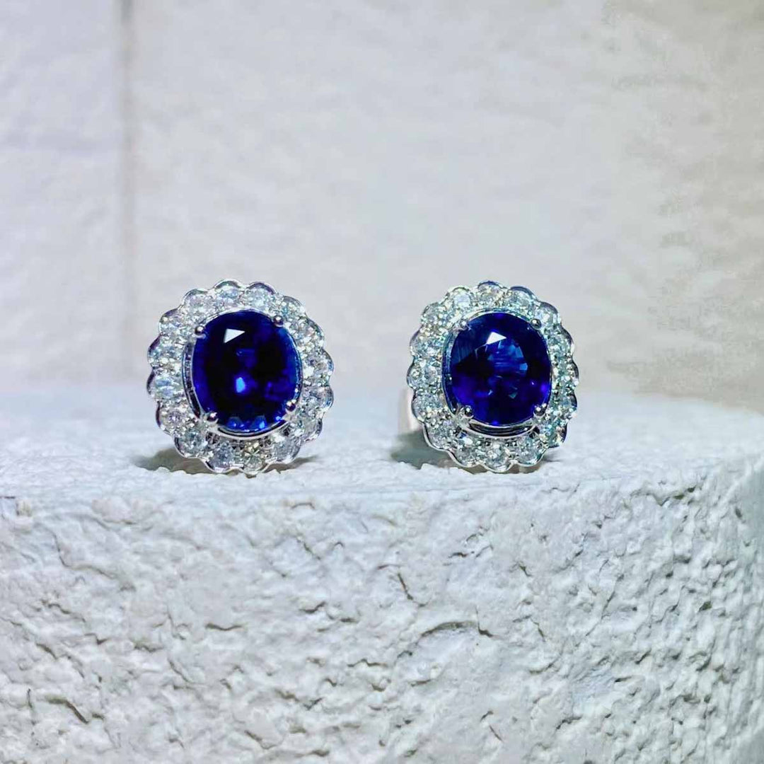 Natural Blue Sapphire Diamond Earrings D1.068ct+1.002ct d0.33ct. 18K Madagascar Royal Blue