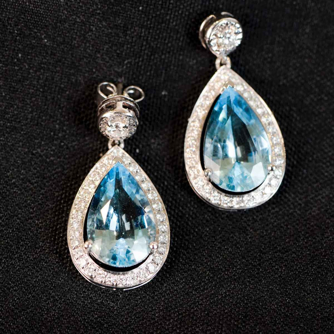 Natural Aquamarine Stone Drop Earrings D3.64ct, Diamond d0.41ct. 18K Gold