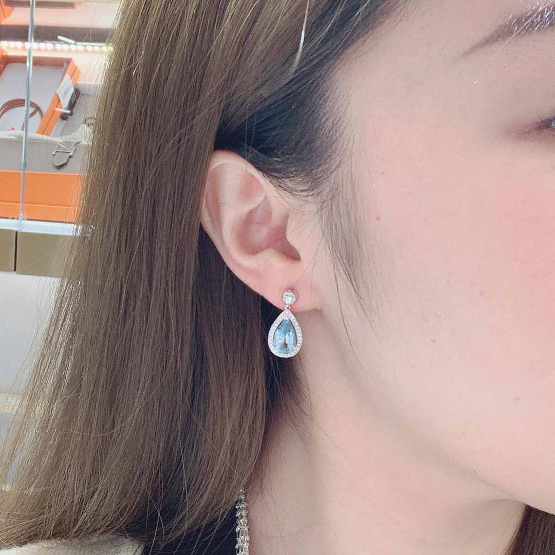 Natural Aquamarine Stone Drop Earrings D3.64ct, Diamond d0.41ct. 18K Gold