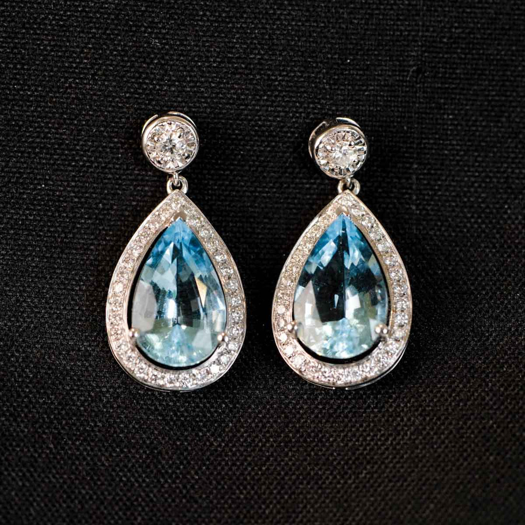Natural Aquamarine Stone Drop Earrings D3.64ct, Diamond d0.41ct. 18K Gold