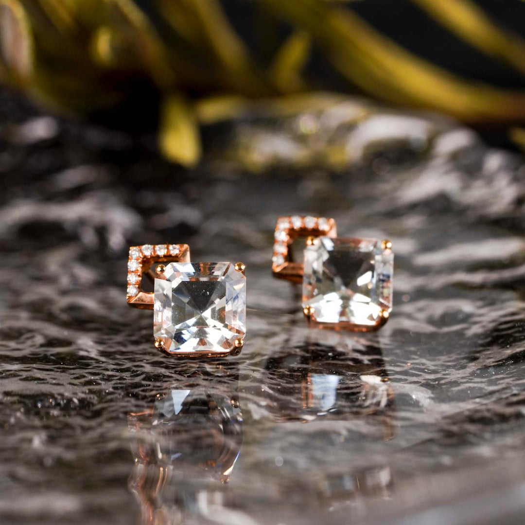 Natural Aquamarine Stone Stud Earrings D4.66ct, Diamond d0.09ct. 18K Stone
