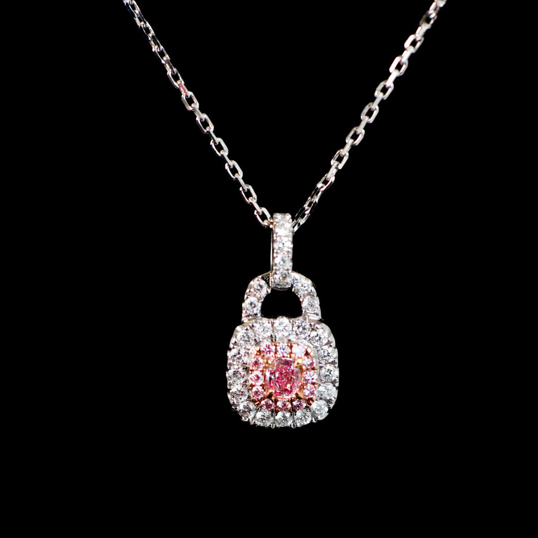 Natural Pink Diamond Lock-Shaped Necklace D0.054, d0.13ct 18K Stone