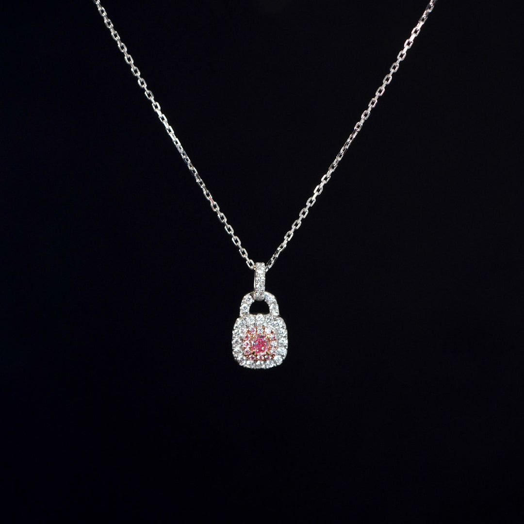 Natural Pink Diamond Lock-Shaped Necklace D0.054, d0.13ct 18K Stone