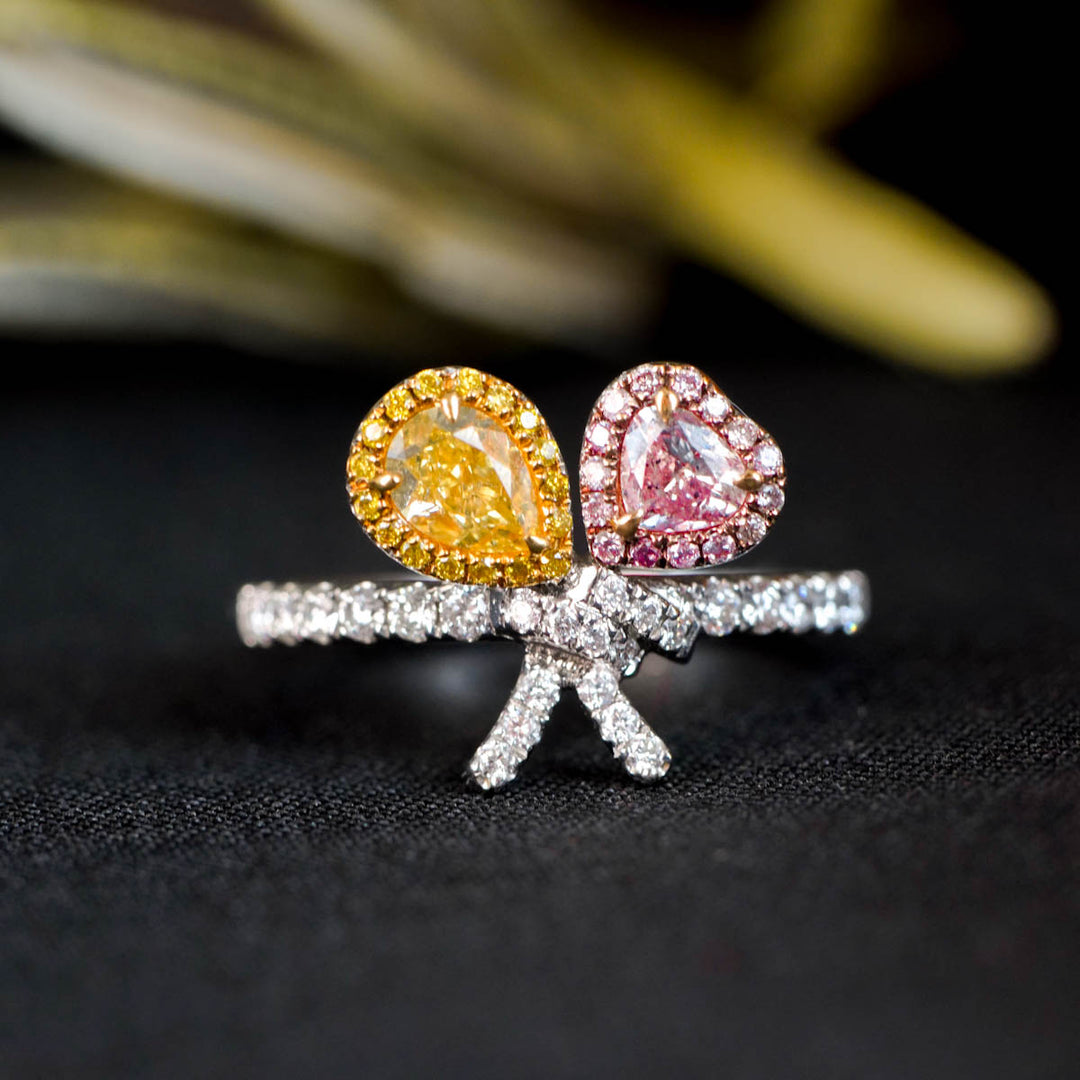 Natural Pink+Yellow Diamond Ring D0.16+0.33ct d0.332ct 18K Stone