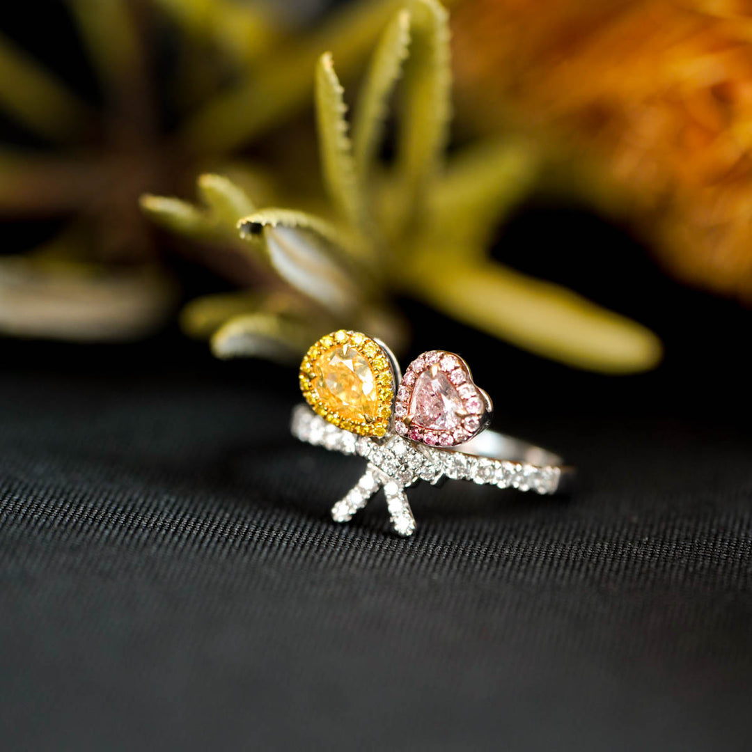 Natural Pink+Yellow Diamond Ring D0.16+0.33ct d0.332ct 18K Stone