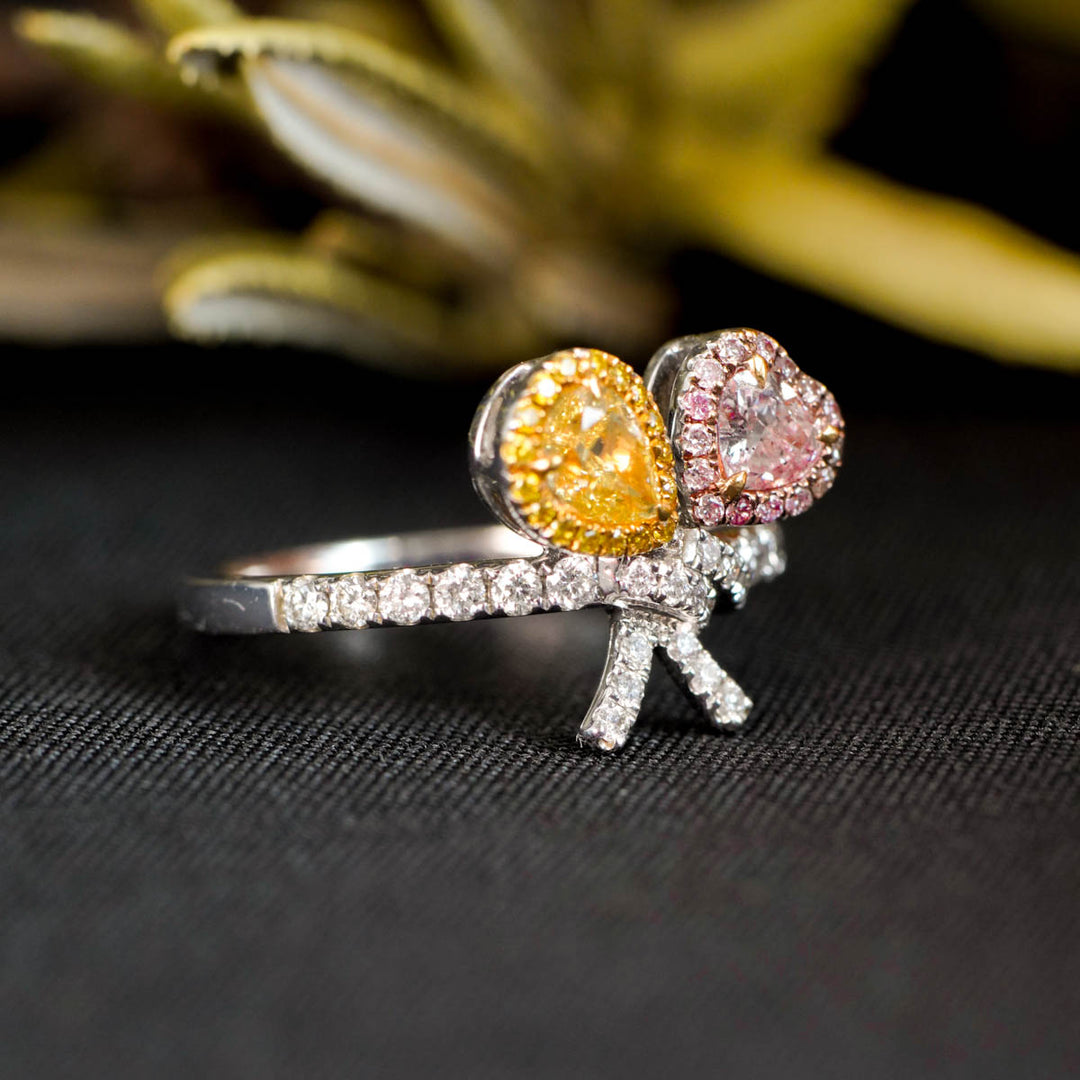 Natural Pink+Yellow Diamond Ring D0.16+0.33ct d0.332ct 18K Stone