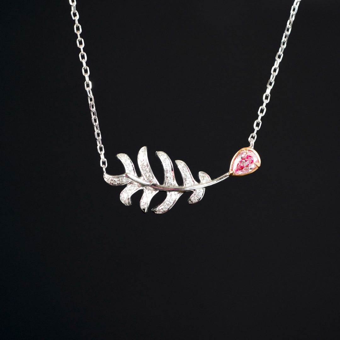 Natural Pink Diamond Feather Necklace D0.128 d0.094ct 18K Gold
