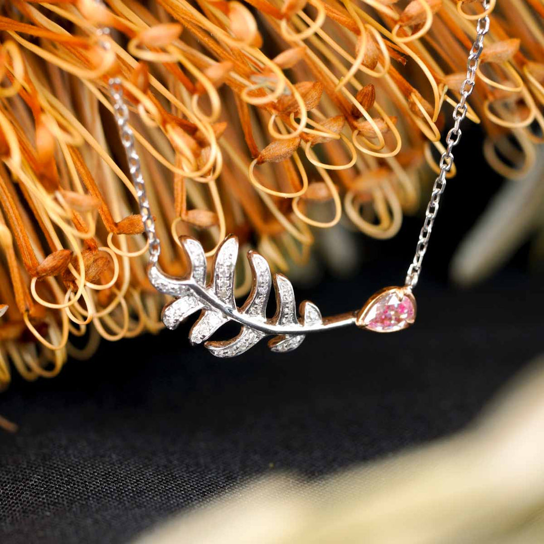 Natural Pink Diamond Feather Necklace D0.128 d0.094ct 18K Gold