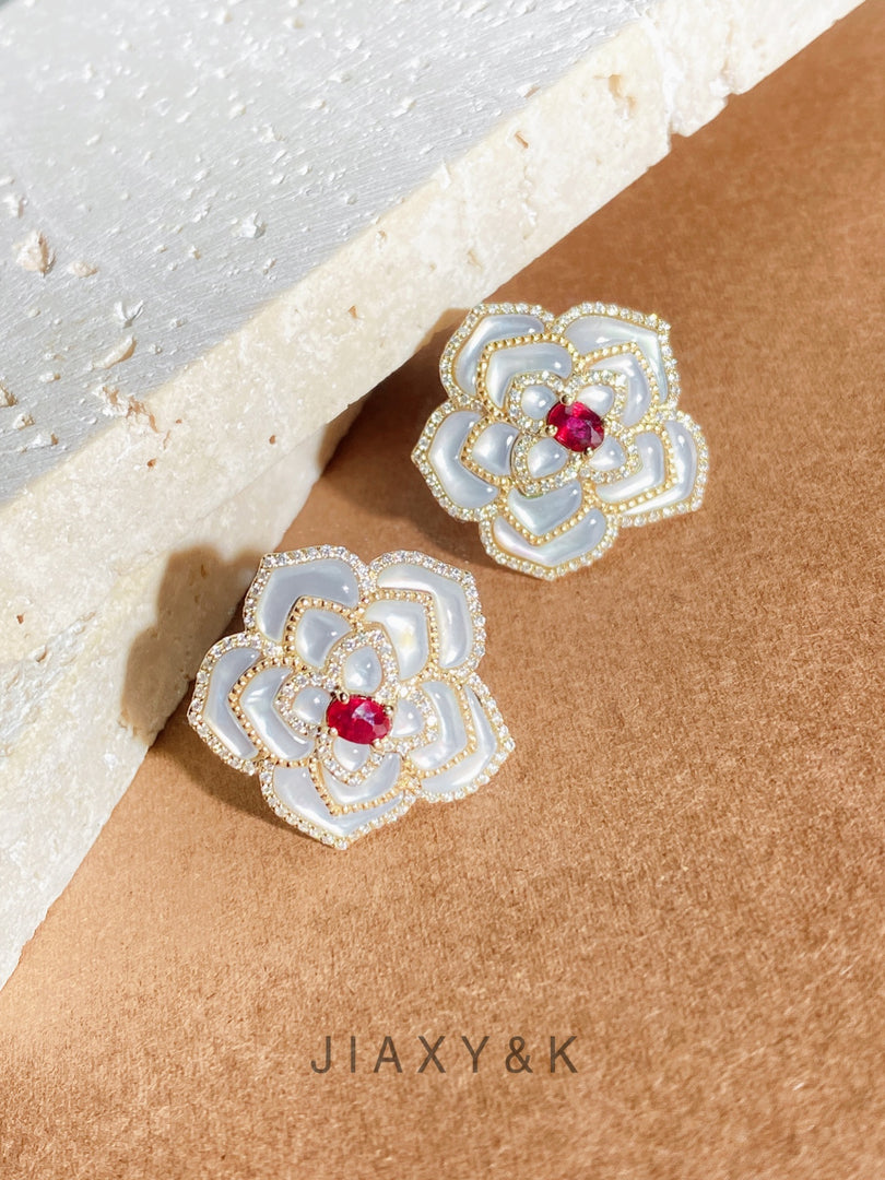 Flower Ruby Diamond Mother of Pearl Earrings