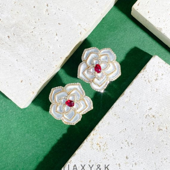 Flower Ruby Diamond Mother of Pearl Earrings