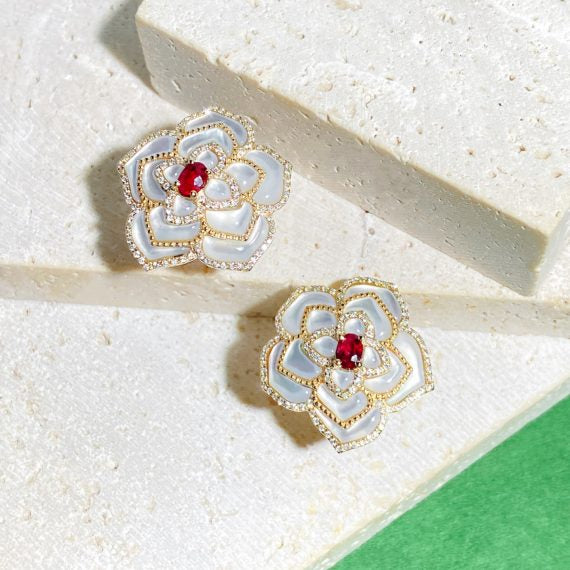 Flower Ruby Diamond Mother of Pearl Earrings