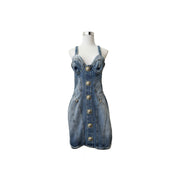 Pre-owned Balmain Panelled Stretch-Denim Mini Dress in Blue, White