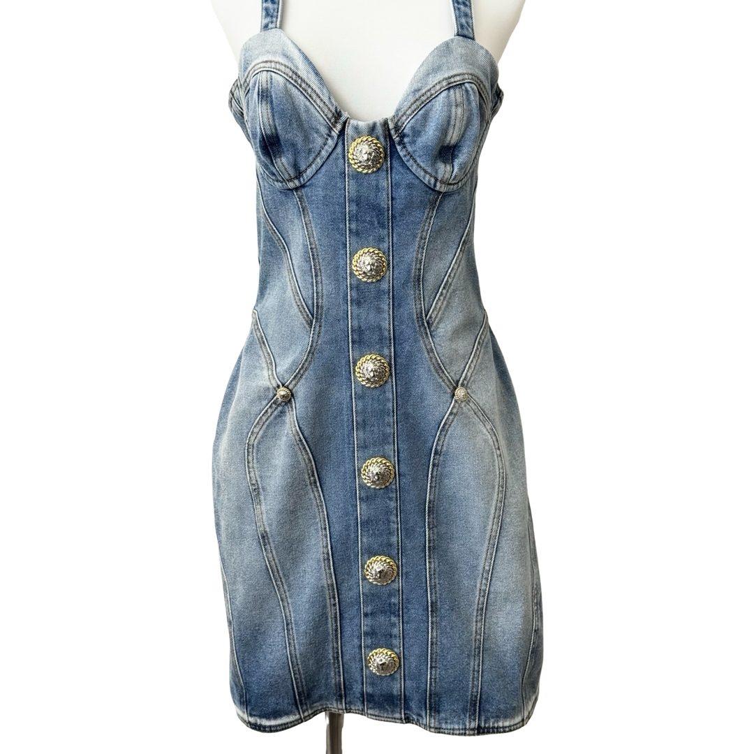 Balmain Panelled Stretch-Denim Mini Dress #42