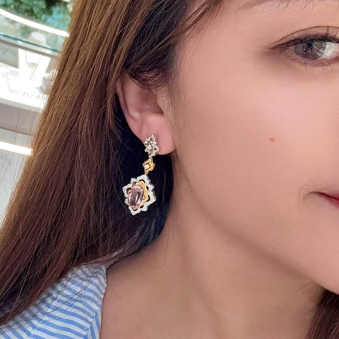 Natural Cherry Blossom Color Morganite Stone Earrings 3.25ct+3.22ct, Diamond 0.74ct 18K Gold
