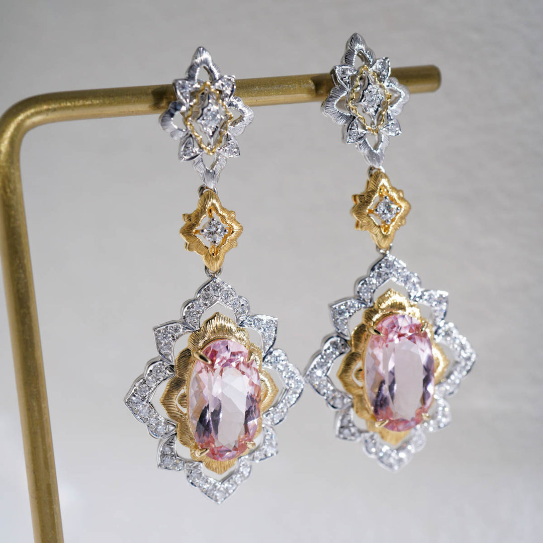 Natural Cherry Blossom Color Morganite Stone Earrings 3.25ct+3.22ct, Diamond 0.74ct 18K Gold
