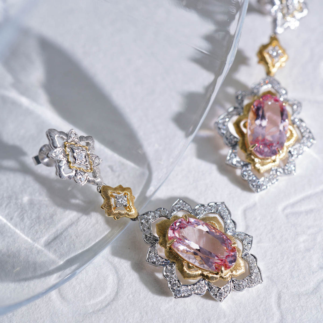 Natural Cherry Blossom Color Morganite Stone Earrings 3.25ct+3.22ct, Diamond 0.74ct 18K Gold