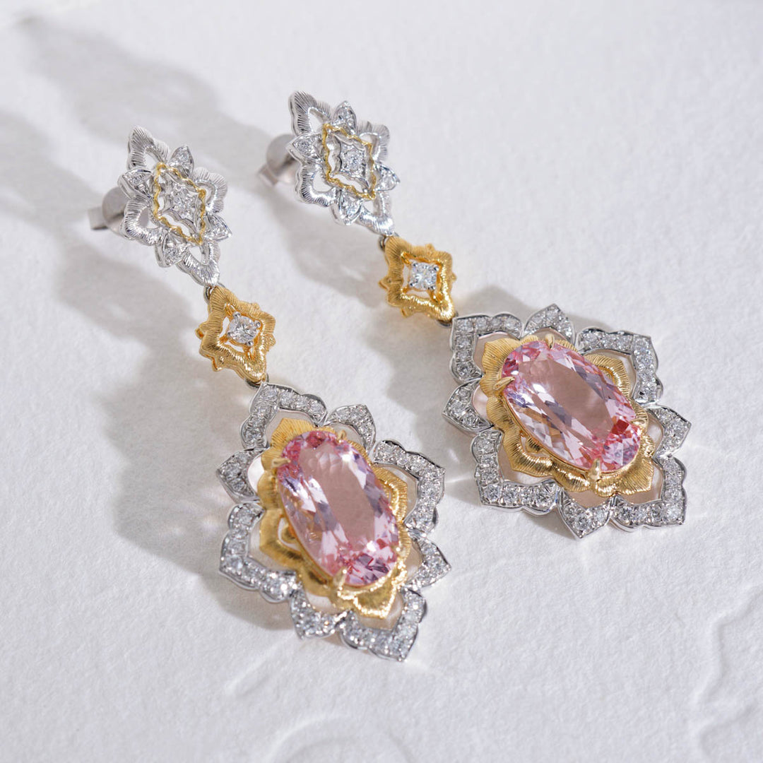 Natural Cherry Blossom Color Morganite Stone Earrings 3.25ct+3.22ct, Diamond 0.74ct 18K Gold