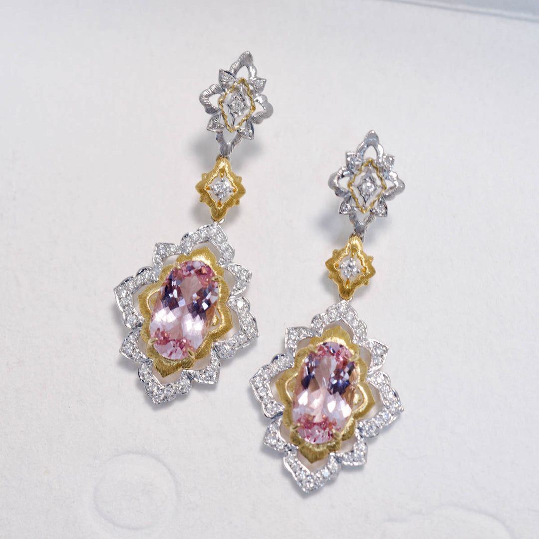 Natural Cherry Blossom Color Morganite Stone Earrings 3.25ct+3.22ct, Diamond 0.74ct 18K Gold
