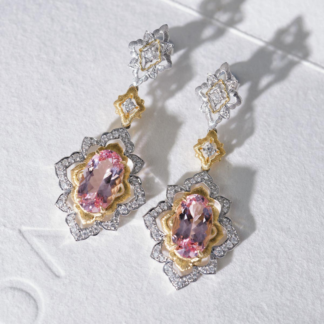 Natural Cherry Blossom Color Morganite Stone Earrings 3.25ct+3.22ct, Diamond 0.74ct 18K Gold