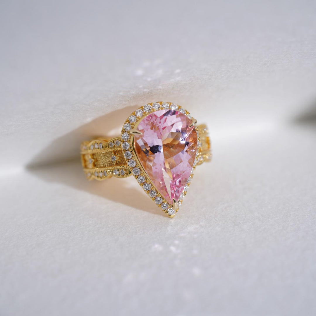 Natural Cherry Blossom Color Morganite Stone Ring 4.64ct, Diamond 0.524ct 18K Gold