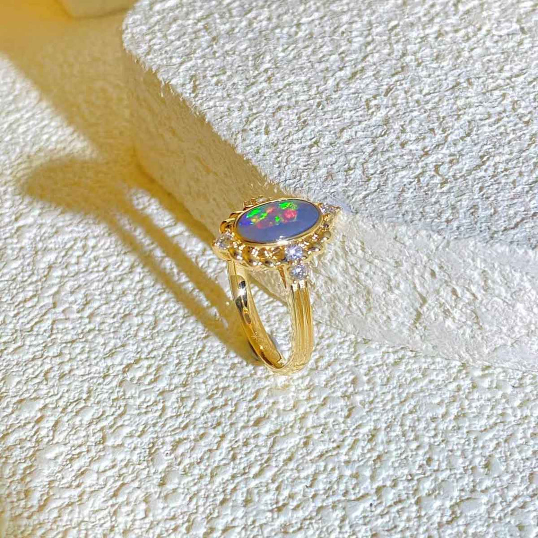 Natural Australia Black Opal Ring D1.08ct d0.25ct, 18K