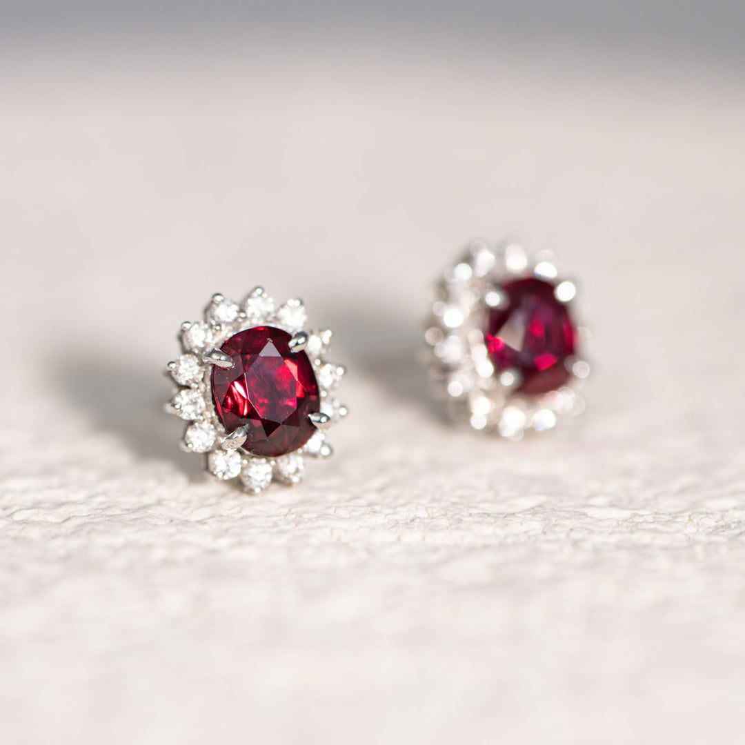Natural Ruby Stone Diamond Earrings Studs D1.02ct+0.92ct d0.28ct 18K Gold