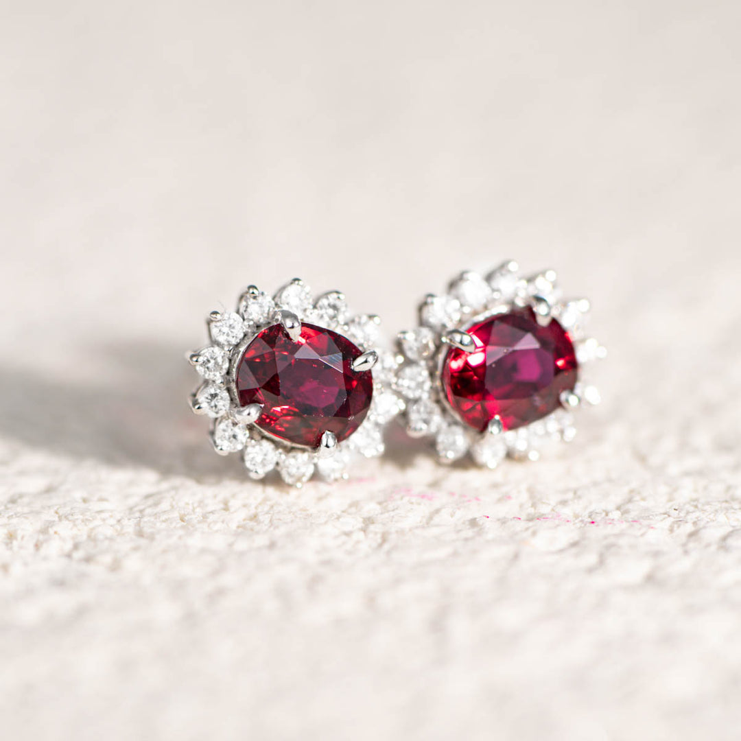 Natural Ruby Stone Diamond Earrings Studs D1.02ct+0.92ct d0.28ct 18K Gold