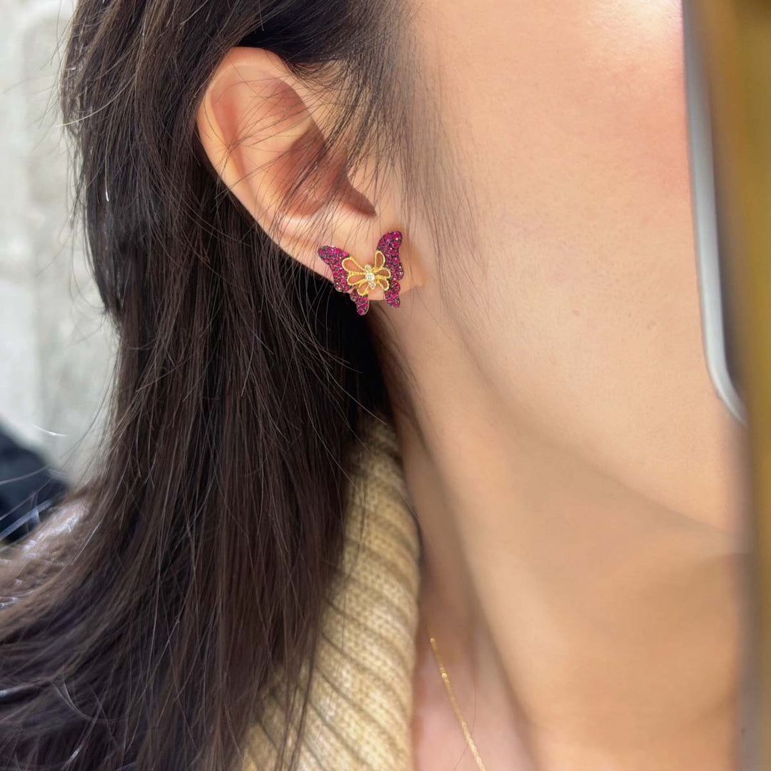 Natural Ruby Stone Butterfly Earrings 1.013ct, Diamond 0.096ct 18K Gold