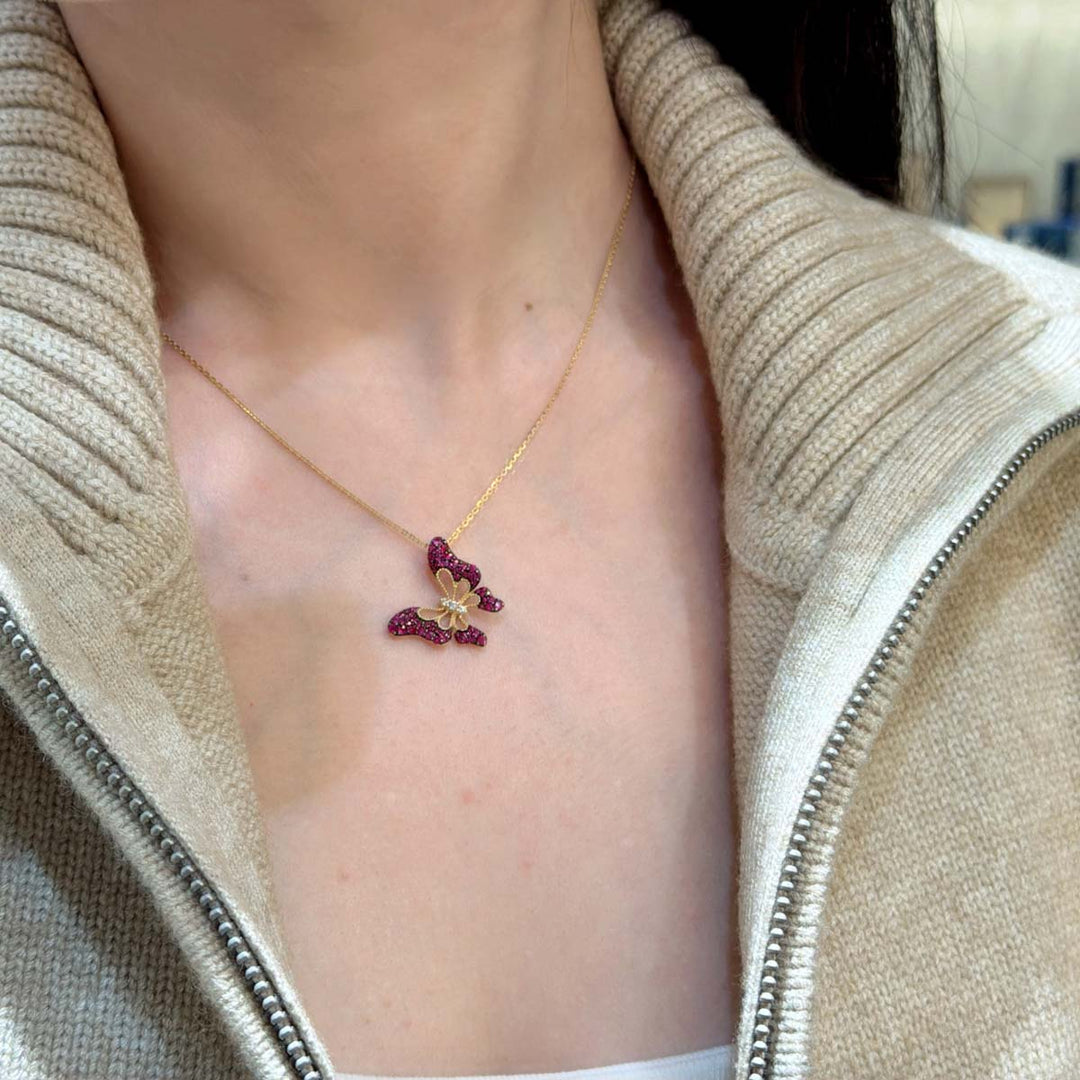 Natural Ruby Stone Butterfly Necklace 0.561ct, Diamond 0.045ct 18K Gold