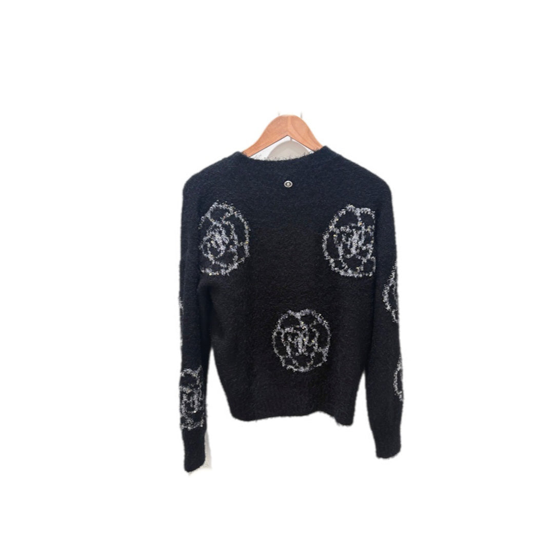 Chanel Black silk/cashmere Sweater with Camellia Motifs #36