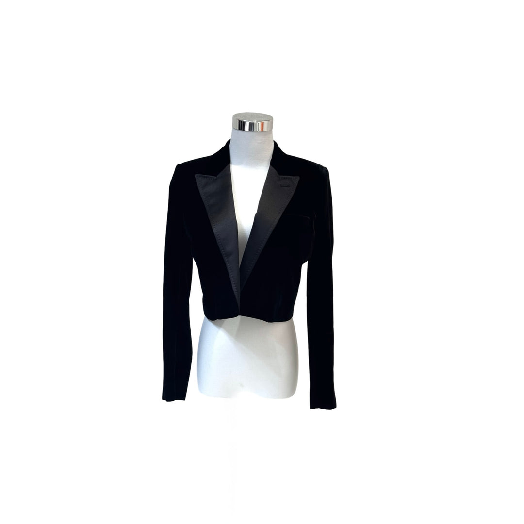 YSL Black Cropped Satin Trimmed Velvet Blazer Jacket # 36